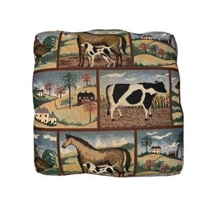 Vtg Farmhouse Country Tapestry cow Throw Pillow 18x18 Multicolor scene weaver